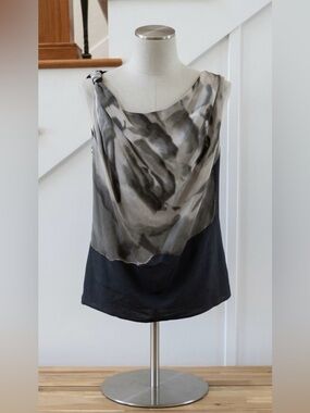 Robert Rodriguez Black & Gray Watercolor Silk Top with Cowl Neck Size L
